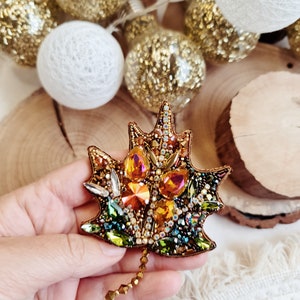 Golden Winter Wonderland Leaf Brooch Sparkling Maple Leaf Pin for Christmas image 1