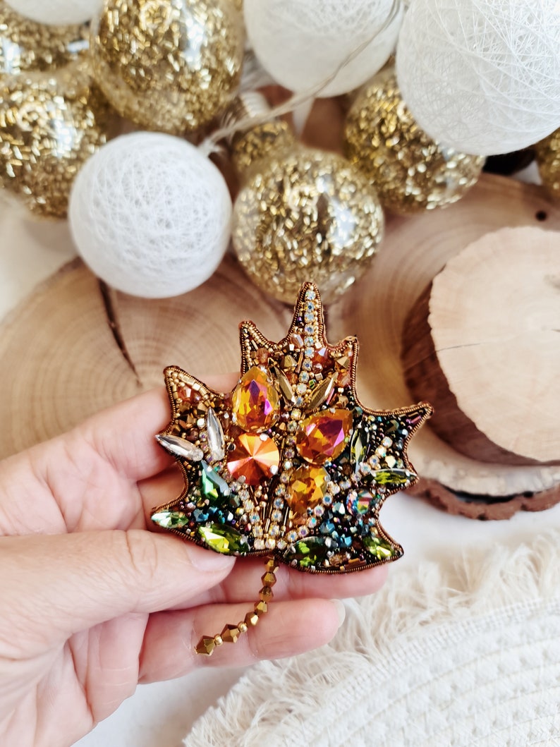Golden Winter Wonderland Leaf Brooch Sparkling Maple Leaf Pin for Christmas image 1