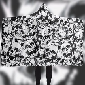 Skull Hooded Blanket - Halloween Festival Blanket, Gift for Him, Goth Decor & Bedding, Halloween Skeleton Costume Skulls Throw Blanket