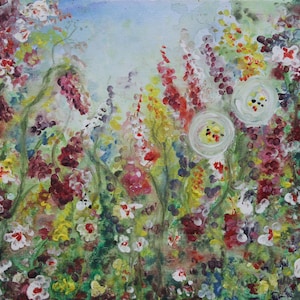 Hot English summer in the country – an original acrylic and watercolour on canvas