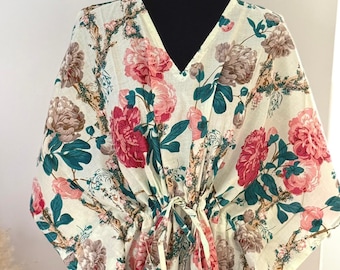 Vestido caftán de algodón con estampado a mano, maxi floral, talla grande, regalos de estilo invernal, ropa de San Valentín, ropa de estar por casa y pijamas, regalos para ella.
