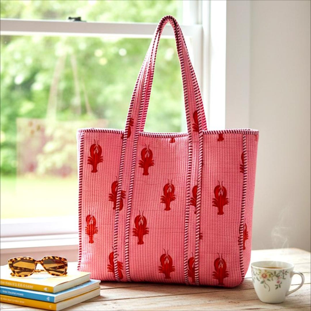Pink Lobster Printed Cotton Tote Bag, Cotton Quilted Shopping Bag ...
