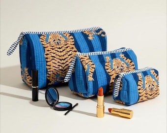 Tiger Print Cotton Toiletry Bag Set, Quilted Boho Cosmetic Travel Pouches, Block Print Cosmetic Bag for Women, Bridesmaid Makeup Bag Set