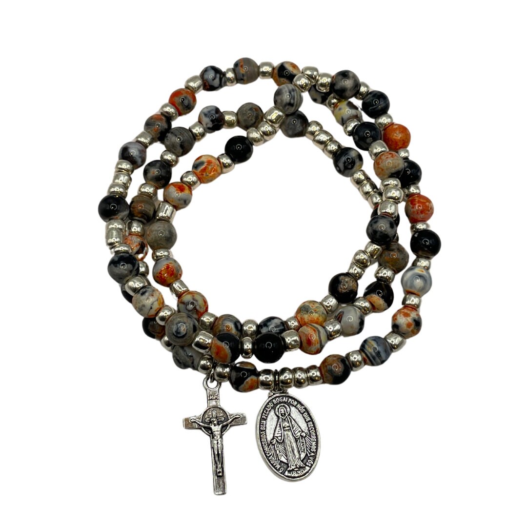 Wrap Rosary Bracelet Orange Dream Fire Dragon Veins Agate Beads