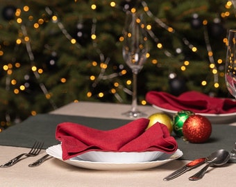 Red Linen Dinner Napkins, Natural Linen Napkins, Set of 2, Linen Tablecloth and Linen Napkins Cloth, Christmas Tablecloth