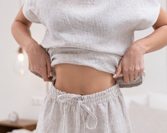 Striped Linen Pajama Set: Beige Loungewear Sleepwear