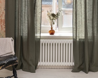 55 Zoll/140 cm breiter Leinenvorhang & Vorhang mit Plisseeband und Krone in Safari-grün, individueller Vorhang, extralanger Vorhang