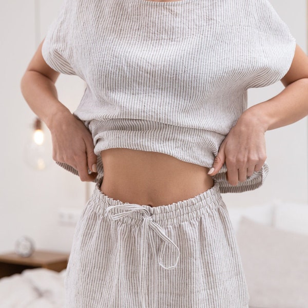 Striped Linen Pajama Set: Beige Loungewear Sleepwear