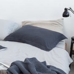 Flanged Asphalt Grey Linen Pillow Covers. Softened Sham Pillow Case. Linen Pillowcover with Flanges. Standard Custom Size Oxford Pillowcase image 3