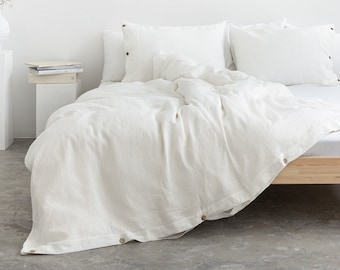 White Linen Duvet Cover: Softened Linen Bedding with Coconut Buttons