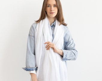 Snow White Linen Scarf: Softened Lightweight Unisex Wrap