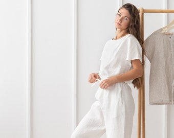 Conjunto de pijama de lino blanco / Ropa de salón de lino natural / Ropa de dormir de lino