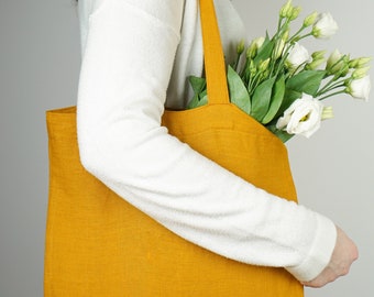 Linen Tote Bag, Natural Shopping Bag, Linen Shoulder Bag, Minimalist Eco Reusable Grocery Bag, Customized Tote Bags, 32x37 cm, Handmade Bag