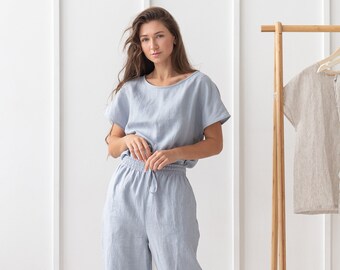 Ice Blue Linen Pajama Set: Handmade Loungewear Sleepwear