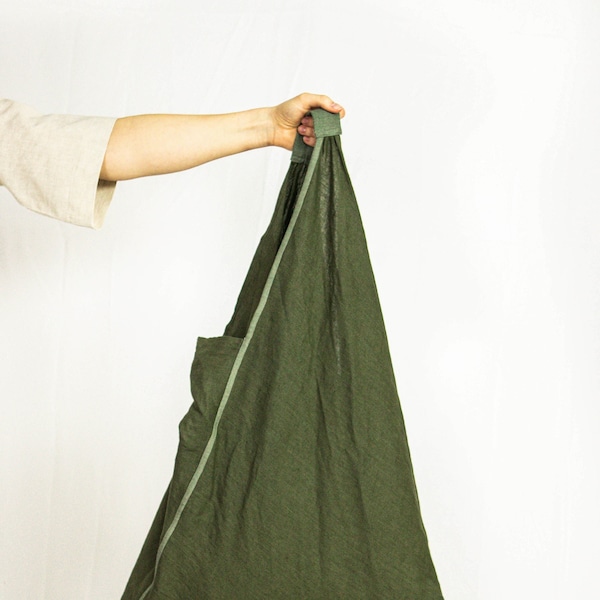 Borsa in lino a forma di verde muschio con dettagli colorati, borsa tote naturale triangolare, borsa per la spesa fatta a mano, borsa della spesa ecologica riutilizzabile, borsa sagomata