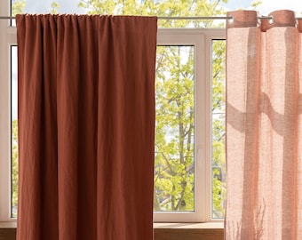 140 cm de large, rideau en lin avec passe-tringle marron rougeâtre avec doublure occultante, panneau avec doublure personnalisée, rideau sur mesure, rideau extra long