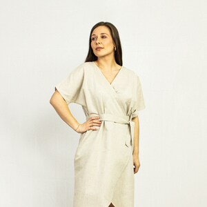 Natural Linen Wrap Dress: V-Neck Kimono Style, Maternity Friendly