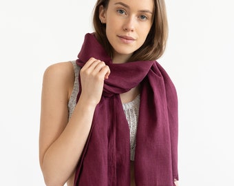 Softened Linen Scarf in Dark Plum, Natural Wide Linen Shawl with Fringes, Prewashed Linen Wrap, Neckwear, Unisex, Gift Idea, Accessories