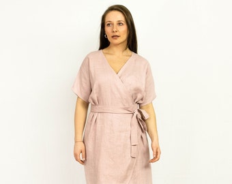 Pale Pink Wrap Linen Dress, Summer Dress, Loose Linen Dress, V-Neck Kimono, Maternity Linen Dress