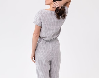 Striped Linen Pajama Set: Handmade Loungewear Sleepwear