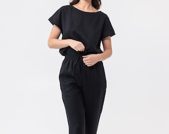 Black Linen Pajama Set: Handmade Loungewear Sleepwear
