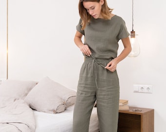 Safari Green Linen Pajama Set: Handmade Loungewear Sleepwear