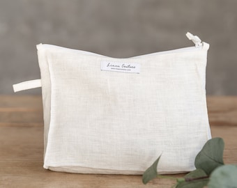 Witte linnen grote make-up tas met ritssluiting, ritssluiting, linnen pochette, make-uptas, handgemaakte toilettas, linnen Dopp Kit, accessoires