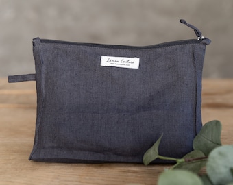 Asphalt Grey Linen Large Makeup Bag with Zipper, Zip Pouch, Linen Pochette, Cosmetic Bag, Handmade Toiletry Bag, Linen Dopp Kit, Accessories