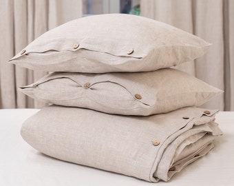 Natural Light Linen Bedding Set with buttons, 3 pieces. Duvet Cover, Fitted Bed Sheet and Pillowcases. Custom Sizes