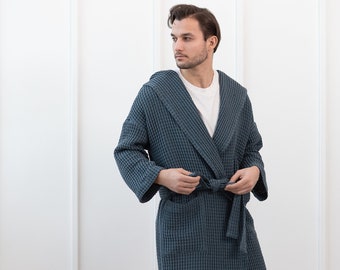 Navy Blue Waffle Linen Robe for Men with Hoodie, Luxury Bathrobe, Hooded Classic Sauna Robe, Linen Spa, Linen Gown, Gift for Him bw2
