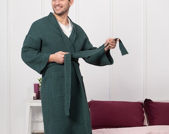 Waffle Linen Robe in Greyish Green for Men, Luxury Bathrobe, Linen Spa Robe, Classic Sauna Robe, Kimono Bathrobe, Gift for Him bw1