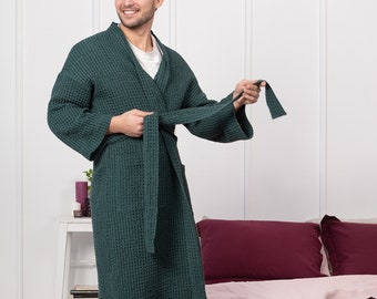 Waffle Linen Robe in Greyish Green for Men, Luxury Bathrobe, Linen Spa Robe, Classic Sauna Robe, Kimono Bathrobe, Gift for Him bw1