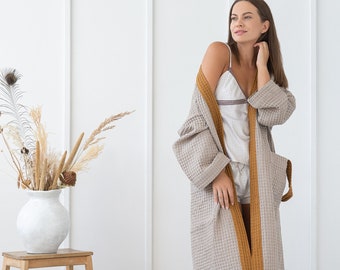 Waffle Linen Robe, Natural with Amber Contrast, European Linen Blend