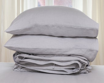 Linen Bedding set in Light Grey, 3 pieces.  Includes Duvet Cover, Fitted Bed Sheet and Pillowcases. Single, Double, Queen, King, Custom Size