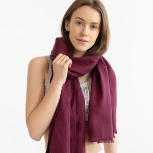 Softened Linen Scarf in Dark Plum, Natural Wide Linen Shawl with Fringes, Prewashed Linen Wrap, Neckwear, Unisex, Gift Idea, Accessories