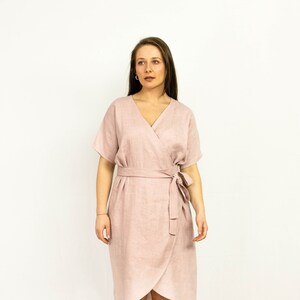 Pale Pink Linen Wrap Dress: V-Neck Kimono Summer Dress
