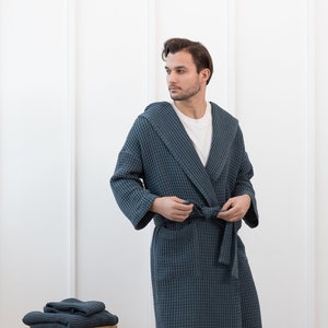 Navy Blue Waffle Linen Robe for Men with Hoodie, Luxury Bathrobe, Hooded Classic Sauna Robe, Linen Spa, Linen Gown, Gift for Him bw2