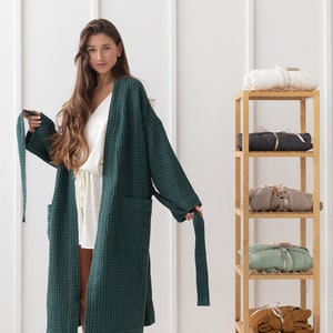 Waffle Linen Robe in Greyish Green, Luxury Bathrobe, Linen Spa Robe, Classic Sauna Robe, Home Wear, Kimono Bathrobe, Gift for Her/Him bw1