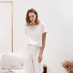 White Linen Pajama set / Natural Linen loungewear / Linen sleepwear
