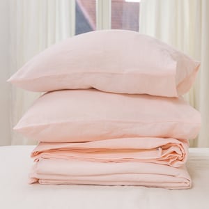 Light Pink Linen Bedding Set: Stonewashed Duvet Cover, Fitted Sheet & Pillowcases
