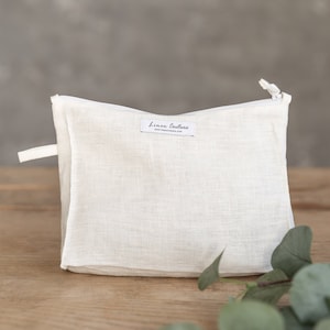 White Linen Makeup Bag: Large Handmade Zipper Pouch
