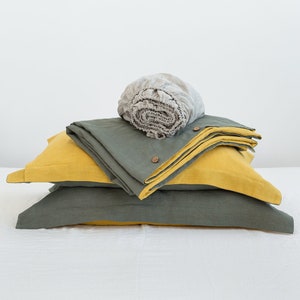 Reversible Linen Bedding Set: Honey and Safari Green, Includes Duvet Cover and Fitted Sheet