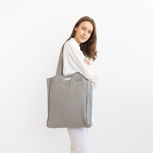 Linen Bag with Decorative Handles in Striped Dark Grey, Natural Linen Shopping Bag, 40x46x12 cm, 15.7x18x4.2 inches, Eco Reusable Bag lt2