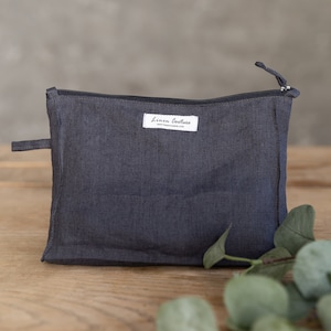 Asphalt Grey Linen Large Makeup Bag with Zipper, Zip Pouch, Linen Pochette, Cosmetic Bag, Handmade Toiletry Bag, Linen Dopp Kit, Accessories