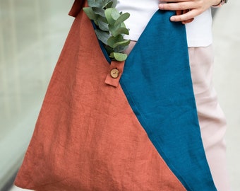 Handmade Two-Tone Linen Tote Bag: Adjustable Straps, Coconut Button