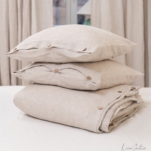 Natural Light Linen Bedding Set with buttons, 3 pieces. Duvet Cover, Fitted Bed Sheet and Pillowcases. Custom Sizes