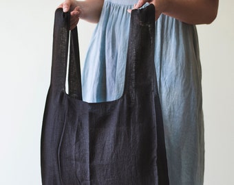 Black Linen Bag with Inside Pocket, Bag with Wide Handles, Reusable Shopping Bag, Eco Friendly, Handmade