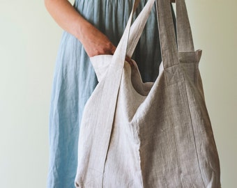 Natural Linen Tote Bag: Stylish Details, Beach Bag, Various Colors