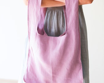Sac en lin rose foncé avec poche intérieure et larges poignées, sac écologique réutilisable fait main