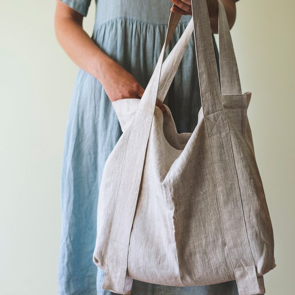 Natural Light Linen Tote Bag with Stylish Details in various colors, Linen Beach Bag, Natural Tote Bag